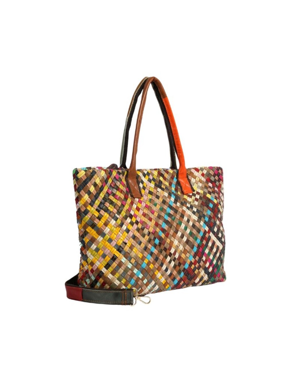 NWT Genuine Leather Woven Multicolor Large Tote Handbag  Description